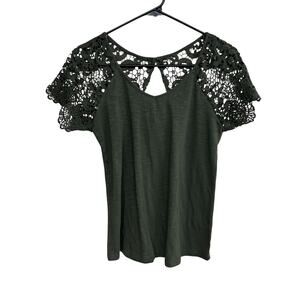 Romantic Boho Crochet Lace Sleeve Top Cable & Gauge Dark Green Size S